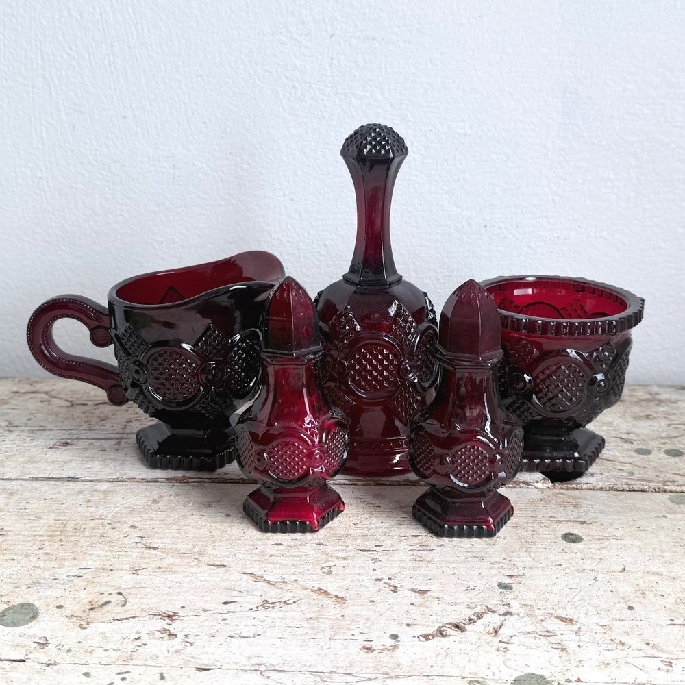 Avon 1876 Cape Cod Ruby Red Glass Set Creamer Sugar Bell Salt Pepper CSGA